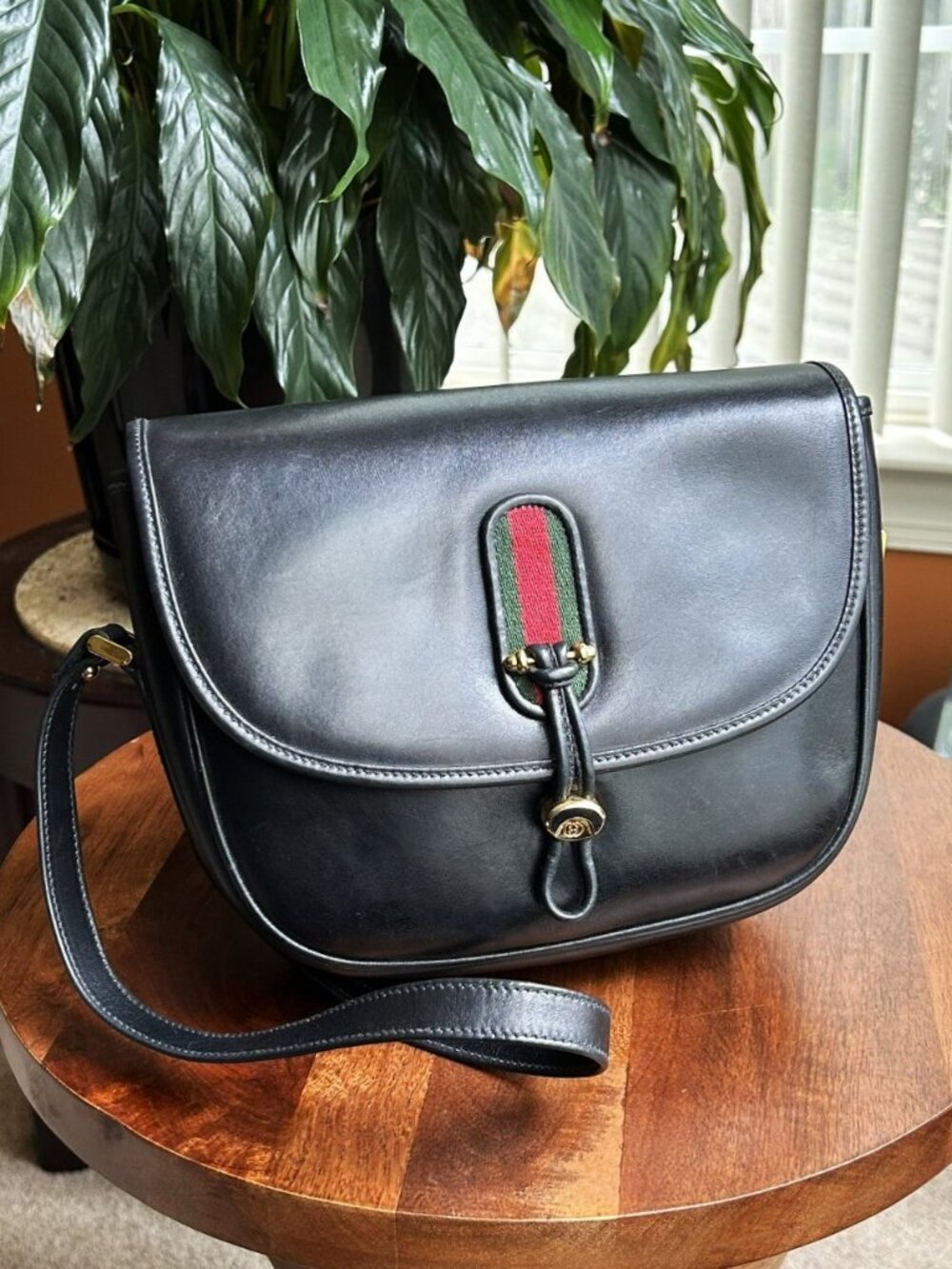 GUCCI Web Leather Saddle Bag, Black